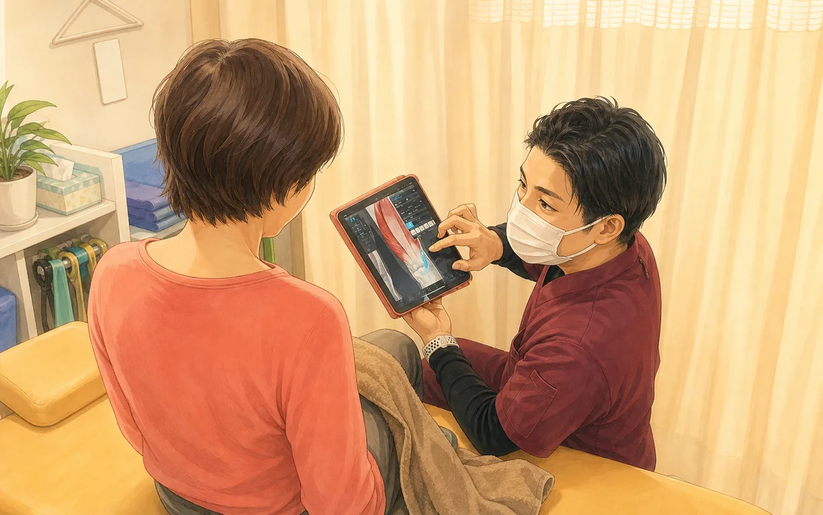患者さんにタブレットで説明しながら丁寧に問診している柔らかい手描きアニメ調のイメージ